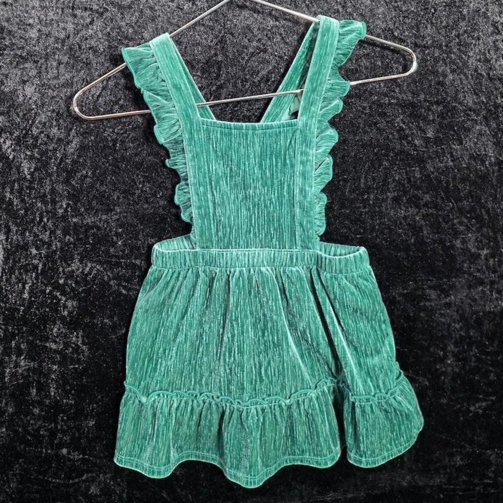 Cat & Jack Girls 2T Green Crushed Velvet Ruffle Pinafore Dress Crisscross Back